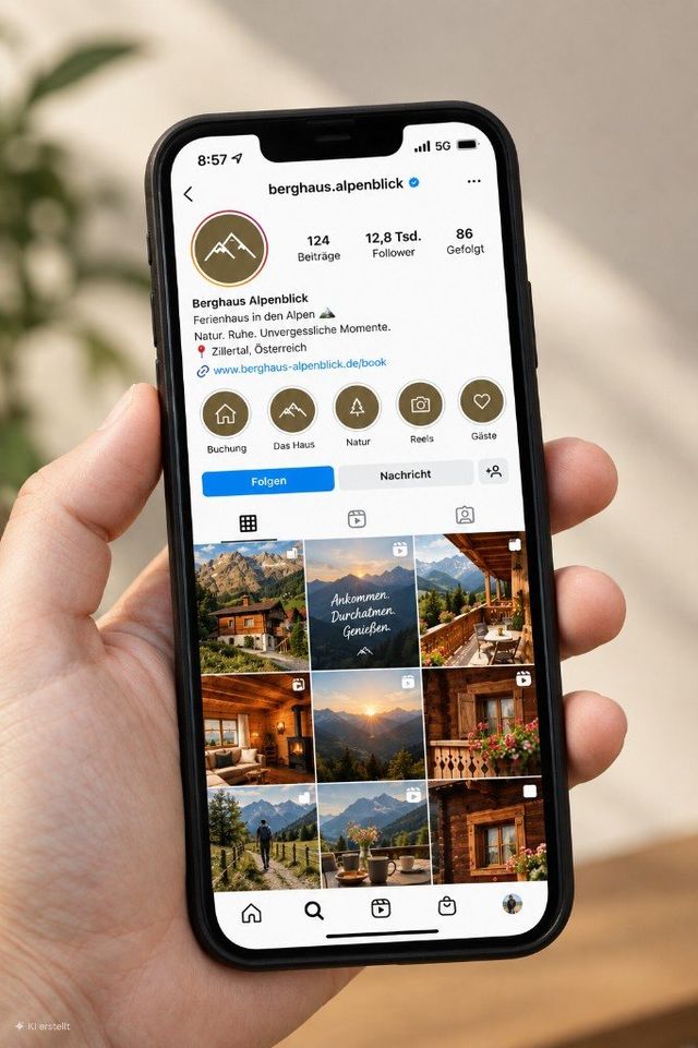 Instagram-Profil Berghaus Alpenblick mit Buchungslink in der Bio